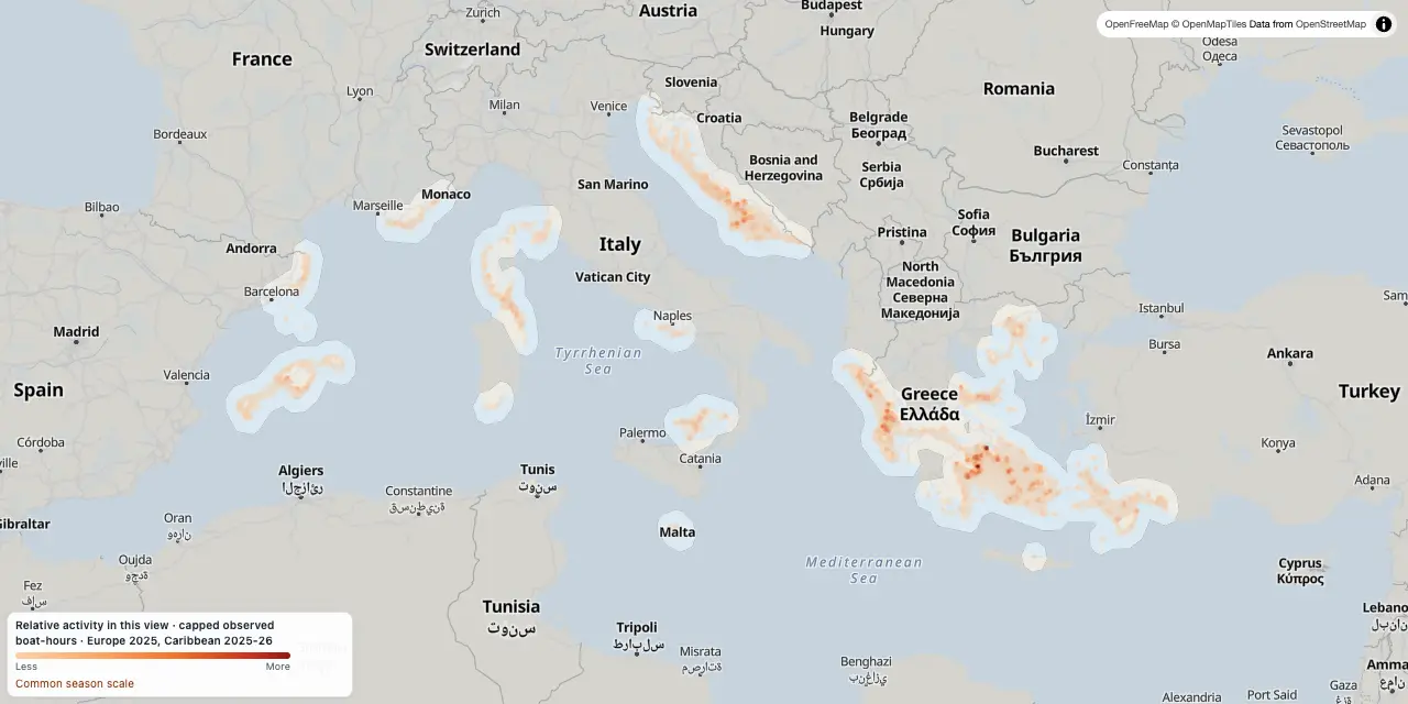 Heat map over the Mediterranean showing where sailing charter boats spent their time.