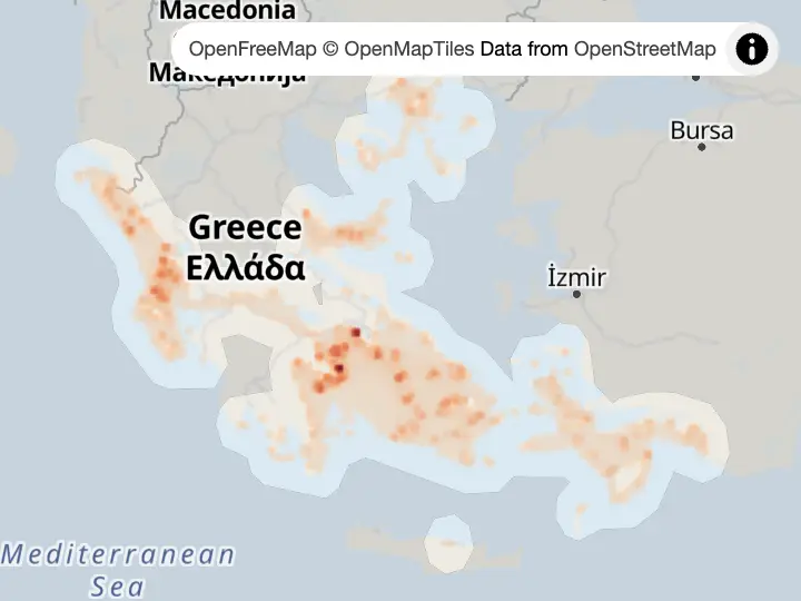 Heat map of tracked sailing charter activity around Greece.