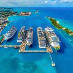 view of cruise ships and the island on a bahamas yacht charter